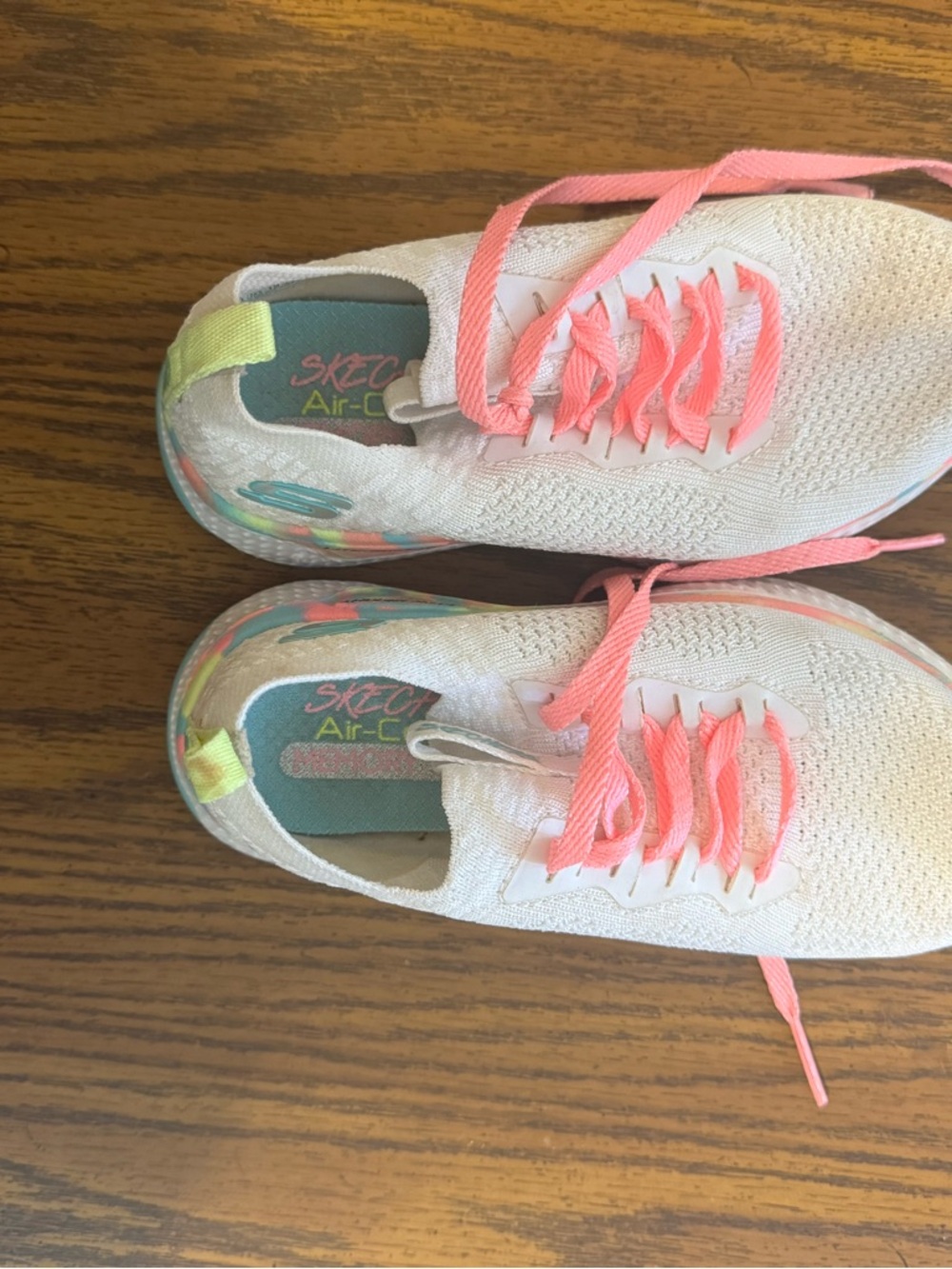 Skechers Kids White Knit Sneakers with Coral Pink Laces